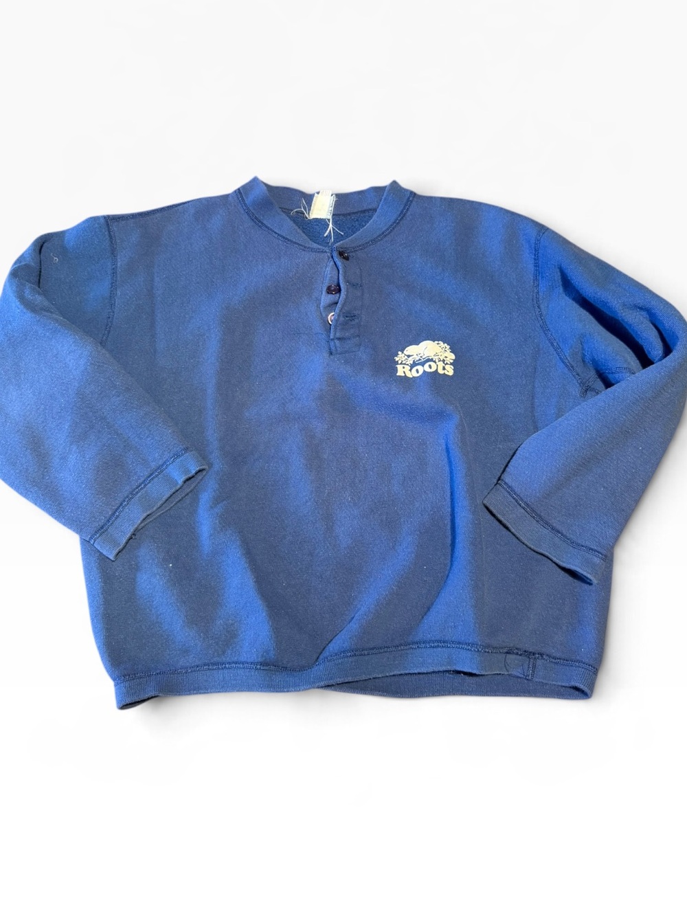 Vintage 80s Roots Blue Henley Sweatshirt with White Logo